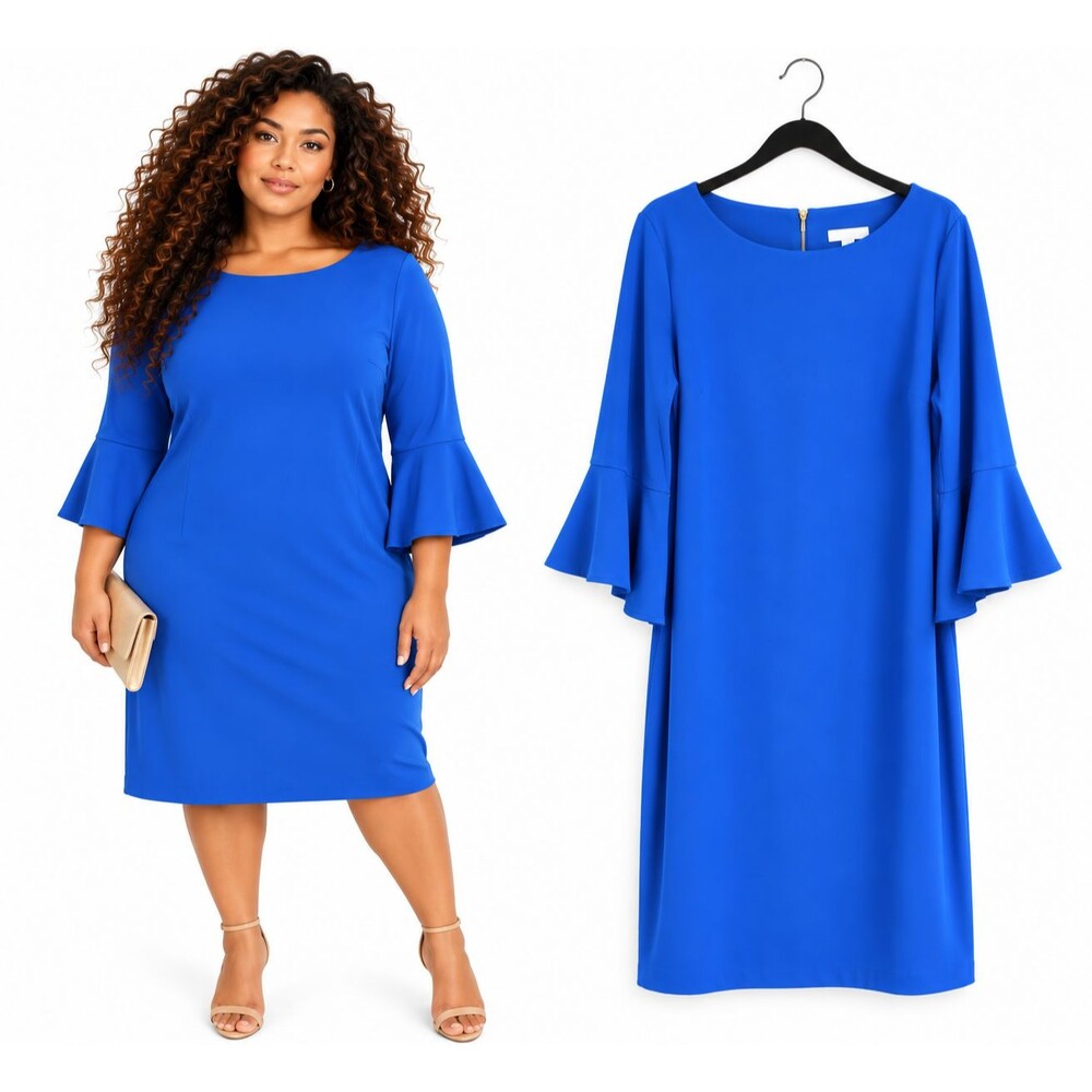 Calvin Klein Bell Sleeve Sheath Dress Plus Size 22W Royal Cobalt Blue Cocktail